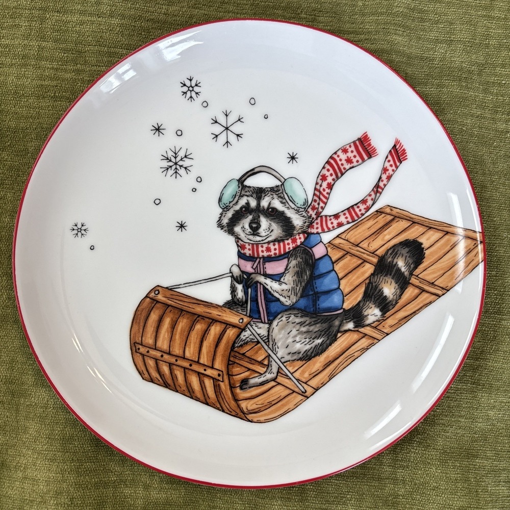West Elm 2020 Rachel Kozlowski Christmas Dapper Animal Racoon Salad Plate 8.5" - Picture 7 of 7